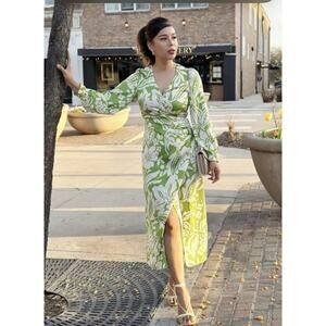 Zara Green White Floral Ecru Satin Midi Dress M Long Sleeve Ruched Wrap NWT
